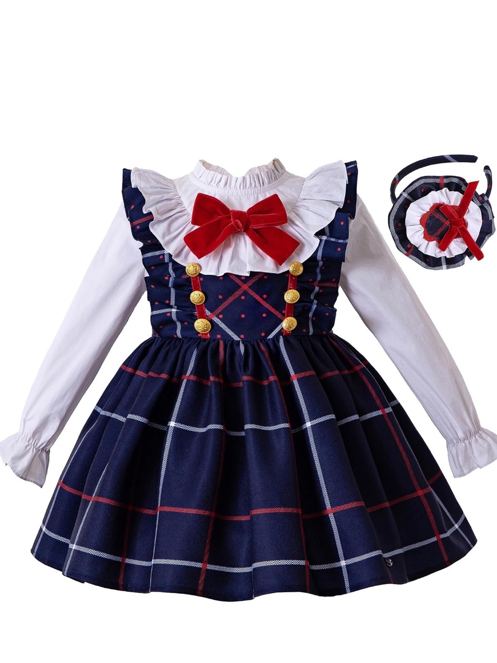 Pettigirl - Sz 5 - Navy Plaid Pinafore Dress w/White Ruffle Blouse & Headband